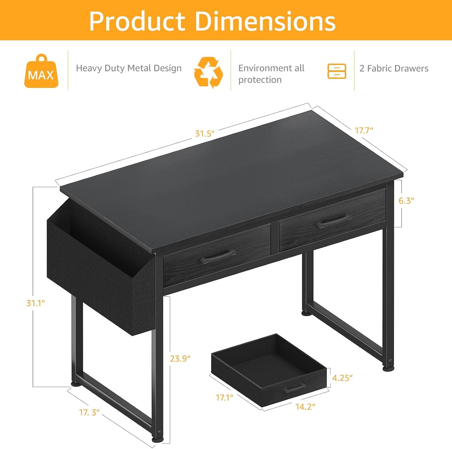 32" Black Desk with Drawers