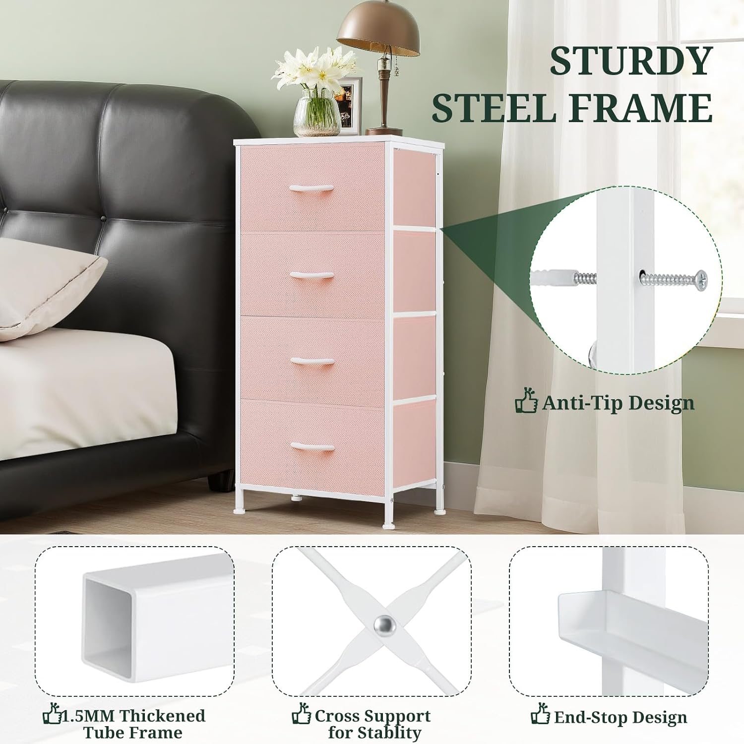 4‑Drawer Wood Top Fabric Dresser