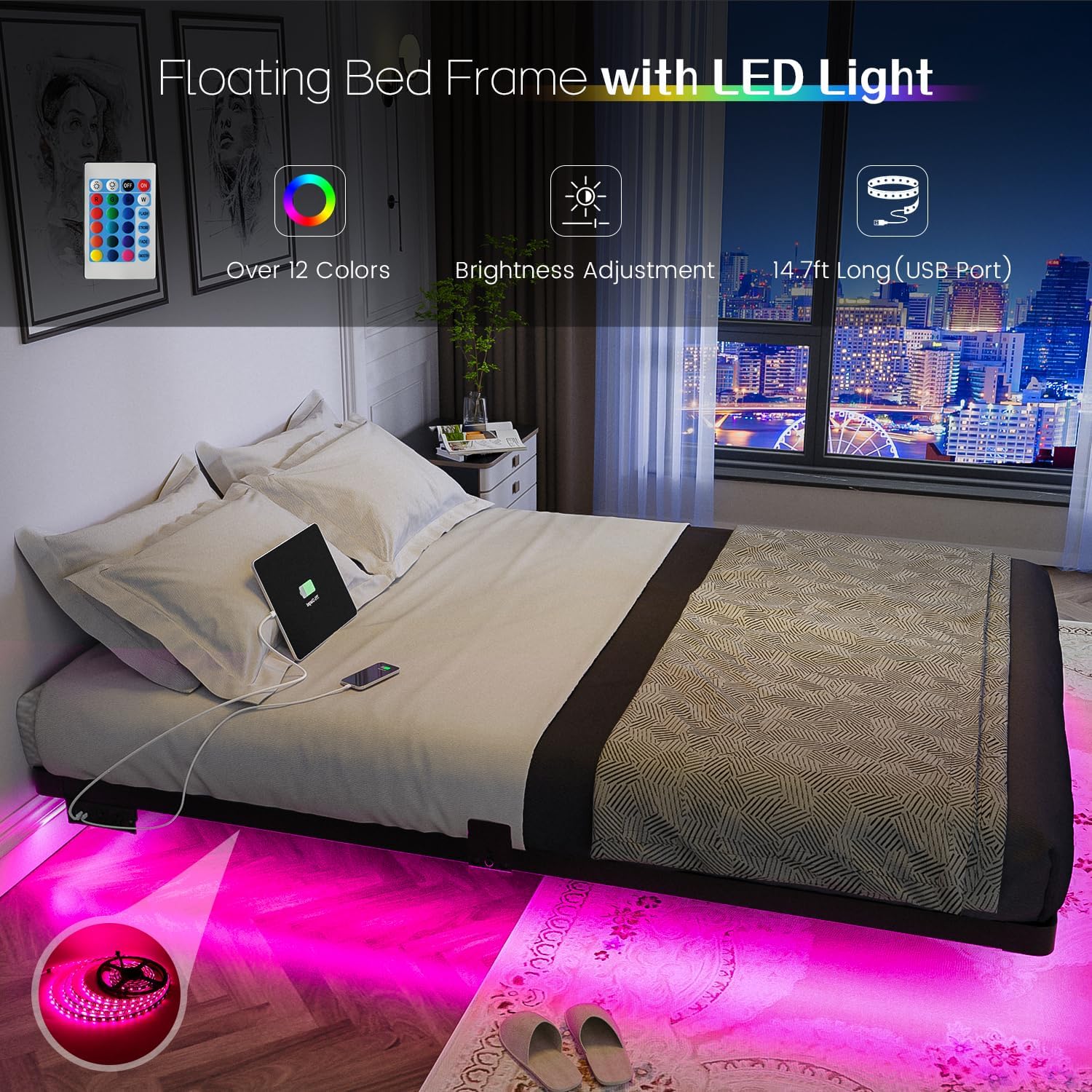 Queen Floating Metal Bed Frame